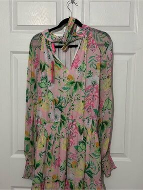Lilly Pulitzer Pink Floral Midi Dress with Green and Yellow Accents